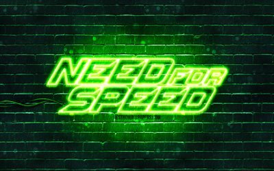 Need for Speed logo vert, 4k, brickwall vert, NFS, 2020 jeux, Need for Speed logo, NFS logo n&#233;on, Need for Speed