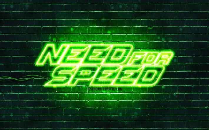 Need for Speed yeşil logo, 4k, yeşil brickwall, NFS, 2020 oyunları, Need for Speed logosu, NFS neon logo, Need for Speed