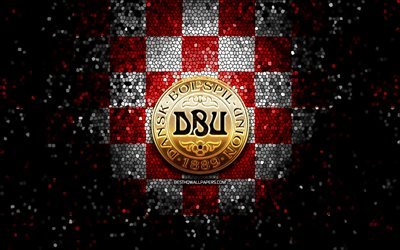 Danimarka futbol takımı, glitter logo, UEFA, Avrupa, kırmızı beyaz damalı arka plan, mozaik sanat, futbol, Danimarka Milli Futbol Takımı, DBU logosu, Danimarka