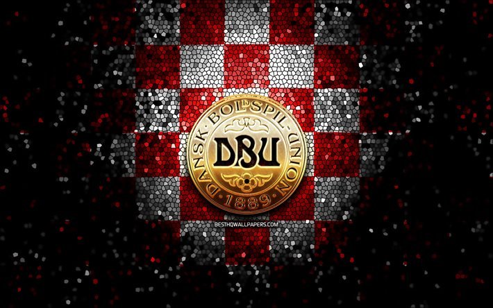 サッカーデンマーク代表, キラキラロゴ, 欧州サッカー連盟, ヨーロッパ, 赤白の市松模様の背景, モザイクアート, サッカー, DBU ロゴ, フットボール。, デンマーク