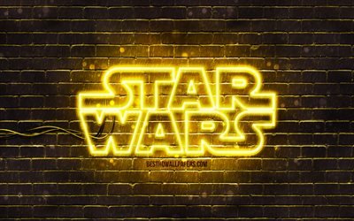 Star Wars keltainen logo, 4k, keltainen tiilisein&#228;, Star Wars logo, luova, Star Wars neon logo, Star Wars