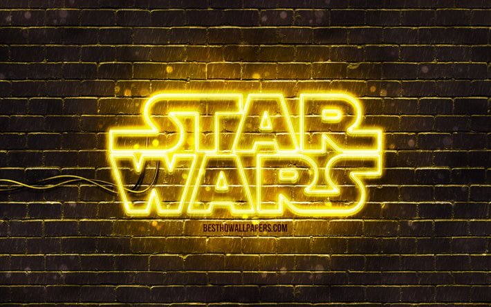 Logo giallo di Star Wars, 4k, muro di mattoni giallo, logo di Star Wars, creativo, logo al neon di Star Wars, Star Wars