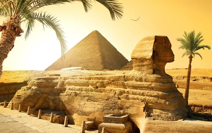 El Cairo, de viajes, de Giza, la Necr&#243;polis de Giza, la Pir&#225;mide de Keops, la Gran Esfinge, Egipto, palmeras, arena