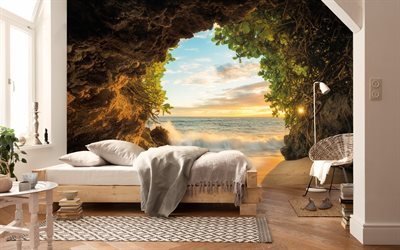 bedroom interior, painting on wall, landscape on wall, picture