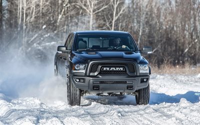 Ram 1500 Rebel Black, pickups, 2017 cars, american cars, SUVs, snow, offroad, winter, Dodge
