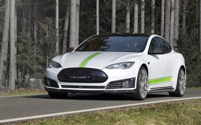 Tesla Model S, 2017, Mansory, tuning Tesla, electric car, white Tesla