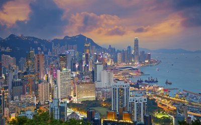 Victoria Harbour, Hong Kong, skyskrapor, stadens ljus, panorama city, Victoria Peak, Kina