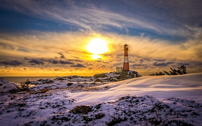 Kuzey Denizi, Deniz Feneri, kış, sahil, Rogaland, Eigersund, Norve&#231;