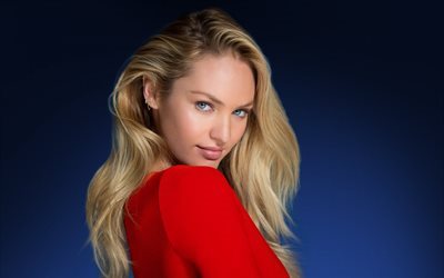 Candice Swanepoel, portrait, blonde, blue eyes, red dress, South African supermodel