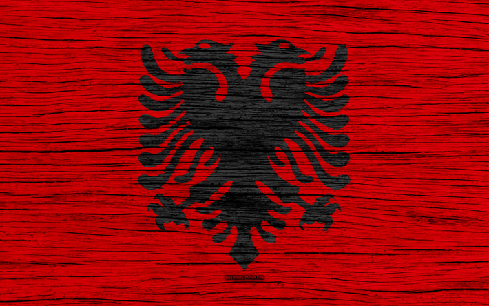 Flag of Albania, 4k, Europe, wooden texture, Albanian flag, national symbols, Albania flag, art, Albania