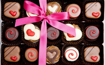 confeitos de chocolate, presente, Dia Dos Namorados, cor-de-rosa de seda arco, doces, romance