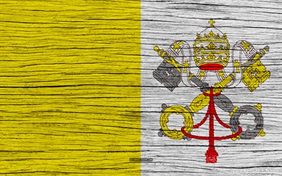 Flag of Vatican, 4k, Europe, wooden texture, Vatican flag, national symbols, art, Vatican