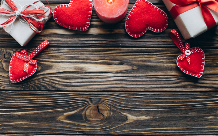 عيد الحب, خلفية خشبية, 14 فبراير, قلوب حمراء, الهدايا, الشموع, الحب المفاهيم