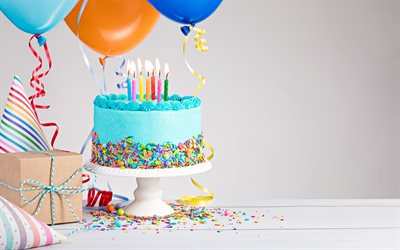 Birthday, 4k, birthday cake, balloons, gifts