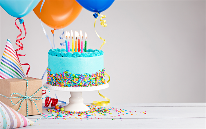 Anniversaire, 4k, g&#226;teau d&#39;anniversaire, des ballons, des cadeaux