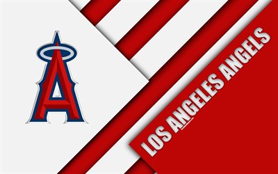 Los Angeles Angels, West division, MLB, 4K, red white abstraction, logo, material design, baseball, Anaheim, California, USA, Major League Baseball