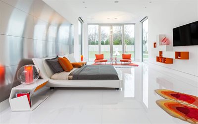 bedroom, modern stylish design, minimalism, glossy white floor, reflection, orange bedroom