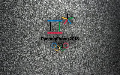 PyeongChang 2018, 4k, logo, emblem, leather texture, 2018 Winter Olympics, South Korea