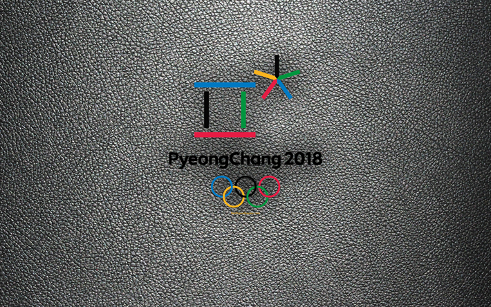 PyeongChang 2018, 4k, logo, emblema, textura de couro, Jogos Ol&#237;mpicos De Inverno De 2018, Coreia Do Sul