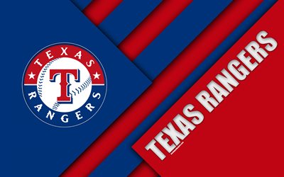 Texas Rangers, American League, West division, MLB, 4k, sininen punainen abstraktio, logo, materiaali suunnittelu, Amerikkalainen baseball club, Texas, USA, Major League Baseball