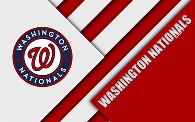 Washington Nationals, MLB, 4k, red white abstraction, logo, material design, American baseball club, Washington, USA, Major League Baseball