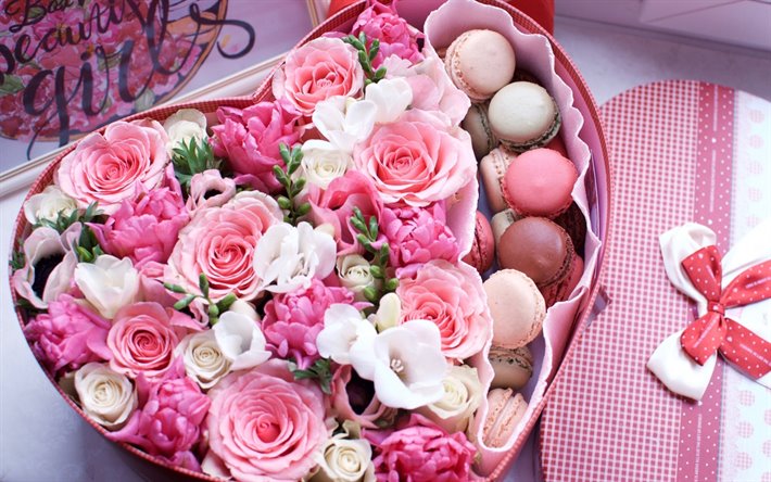 Valentine&#39;s Day, romantic gift, roses, heart of flowers, pink roses, chocolate candies, February 14, surprise