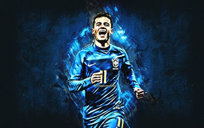 Philippe Coutinho, blue stone, Brazil National Team, goal, artwork, soccer, footballers, neon lights, Coutinho, football stars, grunge, Brazilian football team