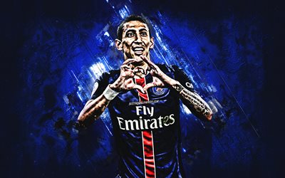 Angel Di Maria, il Paris Saint-Germain, il PSG, il centrocampista, la pietra blu, ritratto, calciatori famosi, calcio, calciatori argentini, grunge, Ligue 1, Francia
