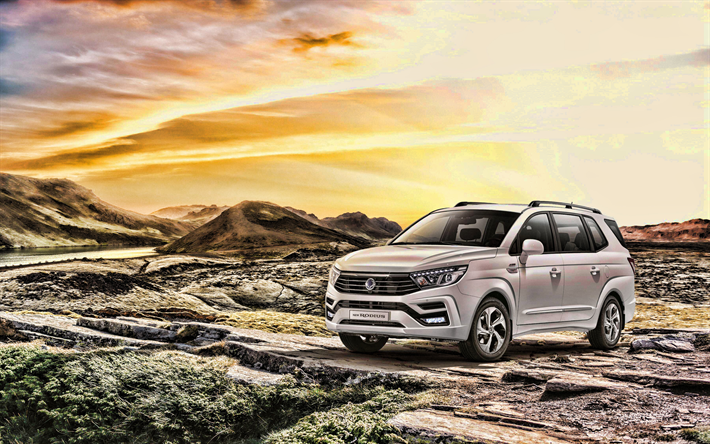 &quot;4k, SsangYong Rodius, offroad, 2019 voitures, coucher de soleil, Vus, 2019 SsangYong Rodius, les voitures cor&#233;ennes, SsangYong, HDR