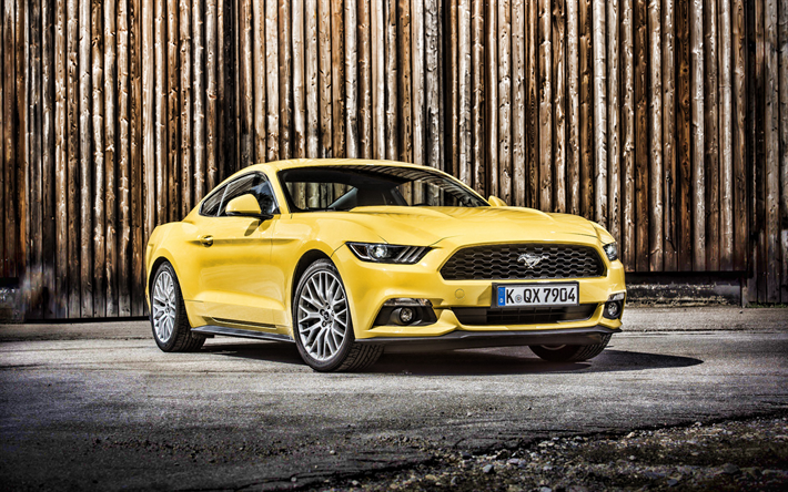 Ford Mustang, HDR, aparcamiento, 2019 coches, supercars, amarillo Mustang, 2019 Ford Mustang, coches americanos, Ford