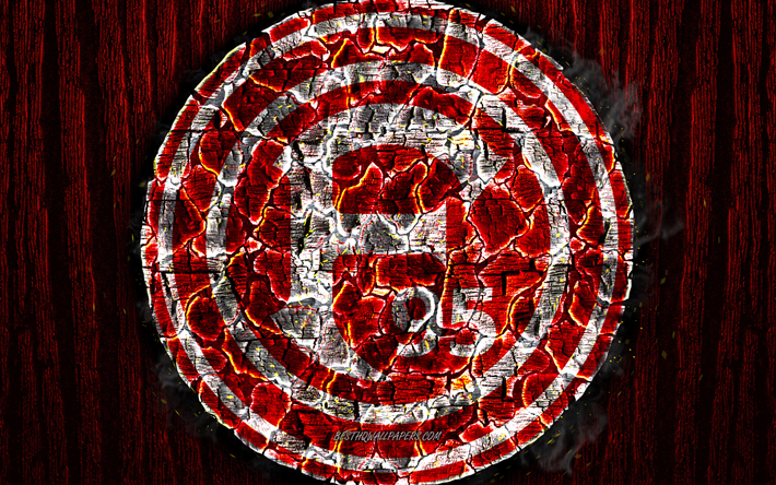 Fortuna D&#252;sseldorf, FC, logo, Bundesliga, kırmızı ahşap arka plan, Alman Futbol Kul&#252;b&#252; yakılmış, grunge, futbol, Fortuna Dusseldorf logo, yangın doku, Almanya