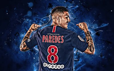 Leandro Paredes, back view, Paris Saint-Germain, Ligue 1, Argentine footballers, PSG FC, Leandro Daniel Paredes, neon lights, soccer, Paredes PSG