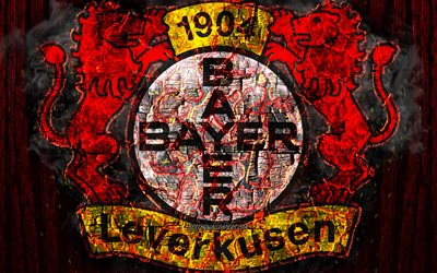 Bayer 04 Leverkusen FC, scorched logo, Bundesliga, red wooden background, german football club, grunge, football, soccer, Bayer 04 Leverkusen logo, fire texture, Germany