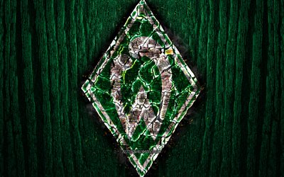 Werder Bremen FC, scorched logo, Bundesliga, green wooden background, german football club, grunge, SV Werder Bremen, football, soccer, Werder Bremen logo, fire texture, Germany