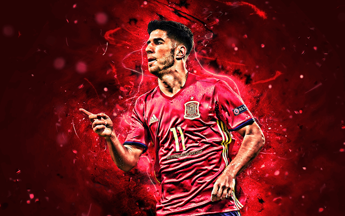 Marco Asensio, close-up, Spain National Team, fan art, soccer, Marco Asensio Willemsen, footballers, neon lights, Spanish football team