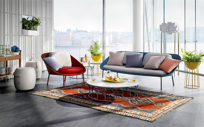 stylish living room, unusual design of chairs, sofa, retro style, modern design interior