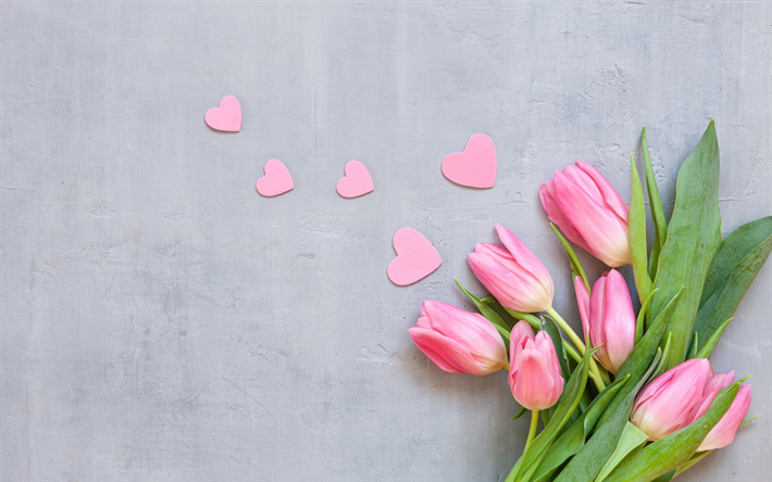 tulipas cor-de-rosa, lindas flores, cora&#231;&#245;es cor-de-rosa, rom&#226;ntica de fundo, 8 de mar&#231;o, flores da primavera, tulipas