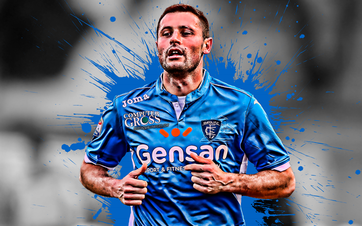 Manuel Pasqual, 4k, Italian football player, Empoli FC, defender, blue paint splashes, creative art, Serie A, Italy, football, grunge