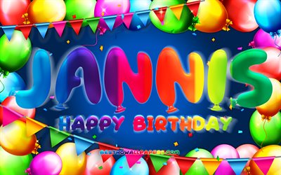Happy Birthday Jannis, 4k, colorful balloon frame, Jannis name, blue background, Jannis Happy Birthday, Jannis Birthday, popular german male names, Birthday concept, Jannis