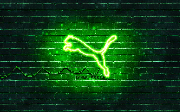 Puma green logo, 4k, green brickwall, Puma logo, brands, Puma neon logo, Puma