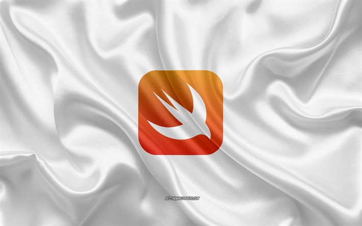 Swift logo, white silk texture, Swift emblem, programming language, Swift, silk background