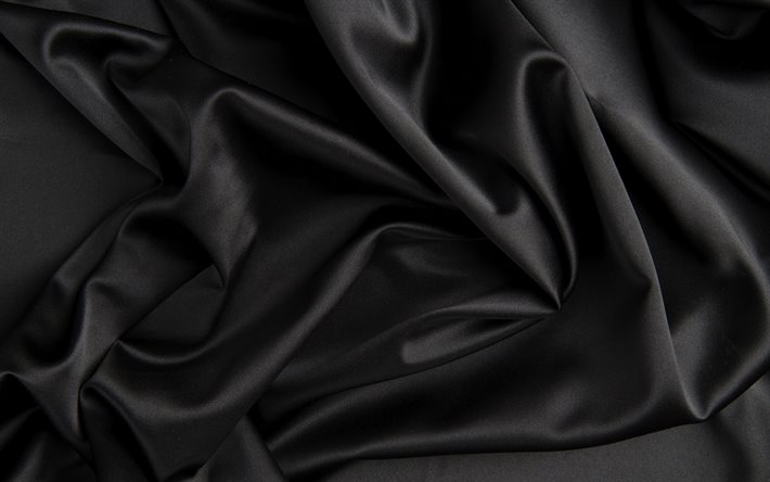 tissu noir, arri&#232;re-plan, 4k, macro, noir de soie, texture, ondul&#233; texture de tissu, la soie, le satin noir, de tissus, de textures, de satin, de 3D ondes de textures, de soie, de blanc texture de tissu, satin noir de texture
