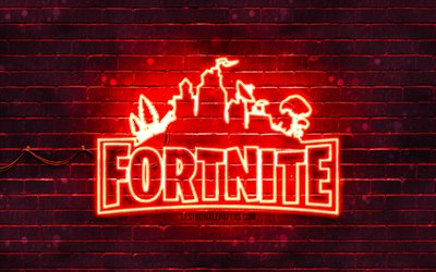 Fortnite الشعار الأحمر, 4k, الأحمر brickwall, Fortnite شعار, 2020 الألعاب, Fortnite النيون شعار, Fortnite