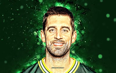 4k, Aaron Rodgers, portrait, Green Bay Packers, american football, NFL, quarterback, Aaron Charles Rodgers, National Football League, neon lights, Aaron Rodgers 4K