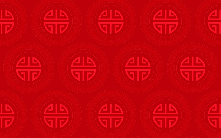 4k, 赤い中国語の背景, 中国の飾り, 中国の飾りを背景, 中国のパターン, 赤の背景