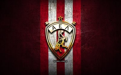 AEL Larissa FC, golden logo, Super League Greece, red metal background, football, AEL Larissa, greek football club, AEL Larissa logo, soccer, Greece