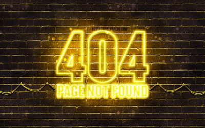 404 صفحة لم يتم العثور على الشعار الأصفر, 4k, الأصفر brickwall, 404 صفحة لم يتم العثور على الشعار, العلامات التجارية, 404 صفحة لم يتم العثور على رمز النيون, 404 لم يتم العثور على الصفحة