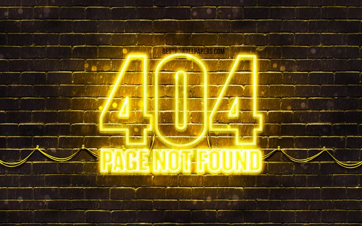 404 Page non trouv&#233;e logo jaune, 4k, jaune brickwall, 404 Page non trouv&#233;e logo, marques, 404 Page non trouv&#233;e n&#233;on symbole, 404 Page non trouv&#233;e