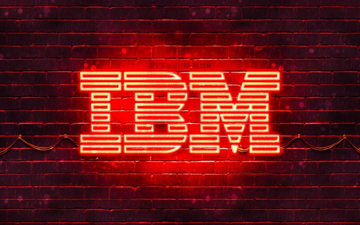 IBM logo rosso, 4k, rosso, brickwall, il logo IBM, marche, IBM neon logo, IBM