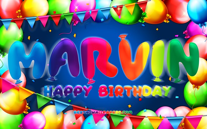 お誕生日おめでMarvin, 4k, カラフルバルーンフレーム, Marvin名, 青色の背景, Marvinお誕生日おめで, Marvin誕生日, ドイツの人気男性の名前, 誕生日プ, Marvin